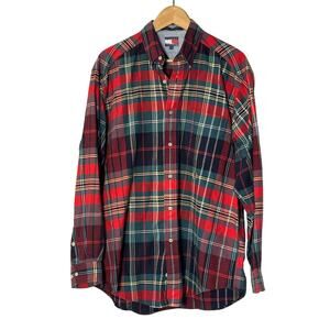 Vintage‎ 90s Tommy Hilfiger USA Red Green Plaid Button Up Holiday Christmas Gift